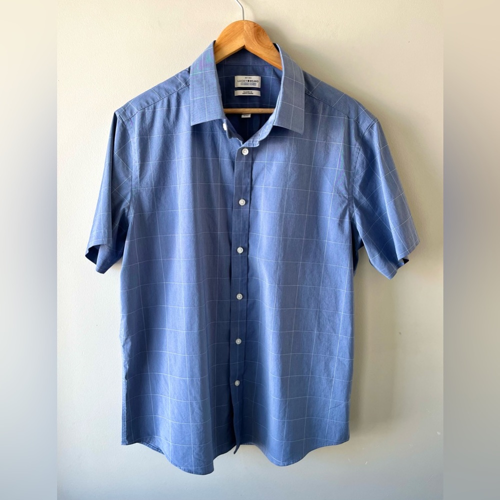 Lucky Brand Blue Plaid Short Sleeve Button-Down Shirt Men’s Large Tailored Fit